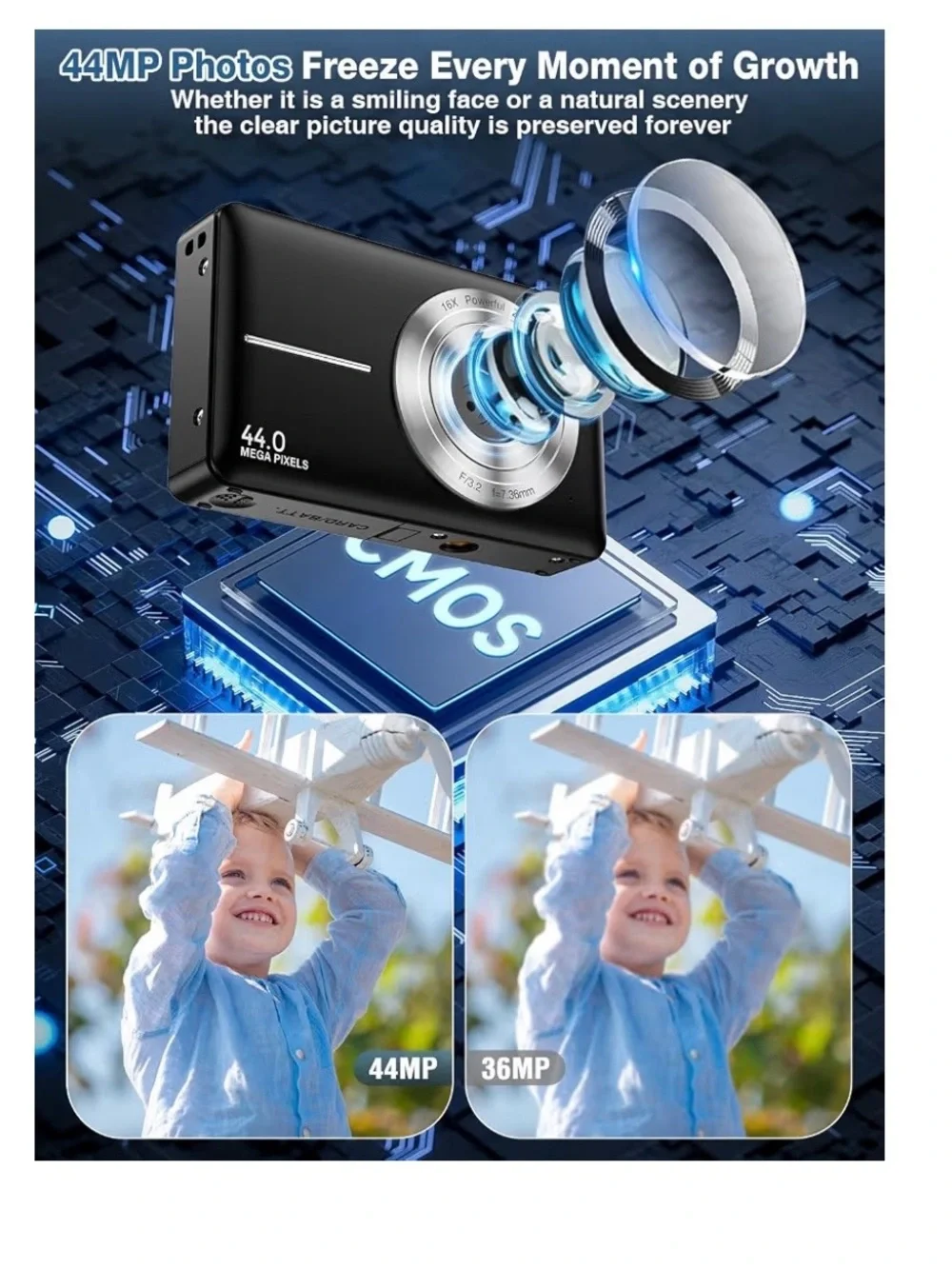 1080p Digital Camera 44MP Point And Shoot With 32GB SD Card 16x Zoom, Compact